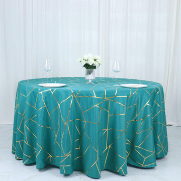 Teal Seamless Round Polyester Tablecloth With Gold Foil Geometric Pattern 120