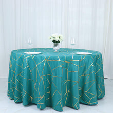 Gold Foil Geometric Pattern on 120 Inch Peacock Teal Round Polyester Tablecloth