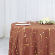 120 Inch Terracotta Round Polyester Tablecloth with Gold Foil Geometric Pattern