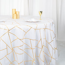 120 Inch Round White Tablecloth With Gold Geometric Design