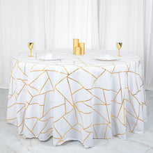 White Round Tablecloth 120 Inch Polyester With Gold Geometric Pattern