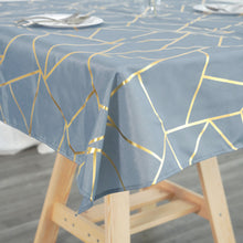 Dusty Blue Polyester Square Table Overlay With Gold Geometric Pattern 54 Inch x 54 Inch 