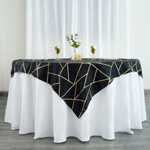 Polyester Table Overlay 54 Inch x 54 Inch Square In Black Featuring Gold Foil Geometry