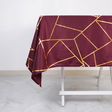 Square Tablecloth In Burgundy With Gold Foil Geometric Design 54 Inch x 54 Inch Polyester