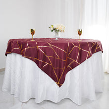 Burgundy Polyester Table Overlay With Gold Geometric Pattern 54 Inch x 54 Inch Square