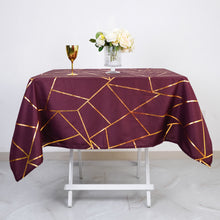 54 Inch x 54 Inch Square Burgundy Polyester Table Overlay Featuring Gold Geometric Design
