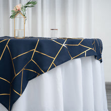 Square 54 Inch x 54 Inch Table Overlay In Navy Blue Polyester With Gold Foil Pattern