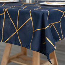 Square 54 Inch x 54 Inch Tablecloth In Navy Blue Polyester With Gold Geometry