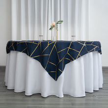 Square Table Overlay 54 Inch x 54 Inch In Navy Blue Polyester With Gold Foil Design