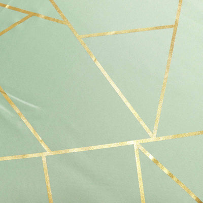 Mint green fabric with gold geometric pattern.