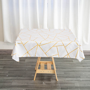 White Seamless Polyester Square Tablecloth With Gold Foil Geometric Pattern 54"x54"