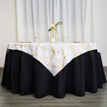 White Polyester Table Overlay With Gold Geometric Design 54 Inch x 54 Inch Square