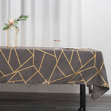 Charcoal Gray Polyester Tablecloth With Gold Foil Geometric Design 60 Inch x 102 Inch Rectangle
