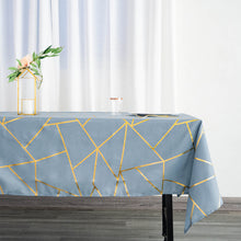Polyester Tablecloth In Dusty Blue 60 Inch x 102 Inch Rectangle With Gold Foil Geometric Design