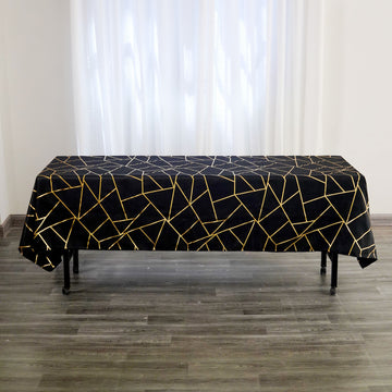 Black Polyester Tablecloth with Gold Foil Geometric Pattern