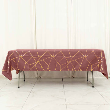Cinnamon Rose Polyester Seamless Rectangle Tablecloth With Gold Foil Geometric Pattern 60"x102"