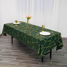 60 Inch x 102 Inch Rectangle Tablecloth In Hunter Emerald Green With Gold Geometric Print Polyester