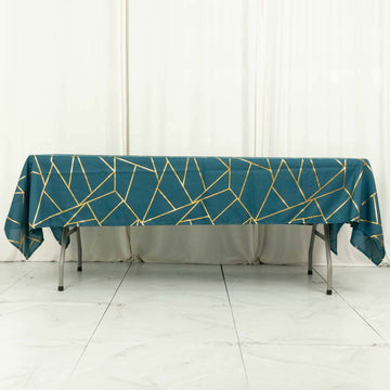 Peacock Teal Seamless Rectangle Polyester Tablecloth With Gold Foil Geometric Pattern 60"x102"