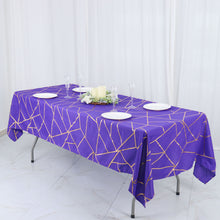 Gold Foil Geometric Pattern on 60 Inch x 102 Inch Purple Rectangle Polyester Tablecloth