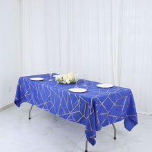 Gold Foil Geometric Pattern on 60 Inch x 102 Inch Royal Blue Rectangle Polyester Tablecloth