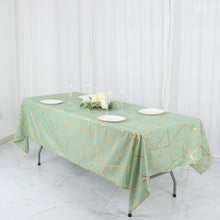 60 Inch x 102 Inch Rectangle Sage Green Polyester Tablecloth with Gold Foil Geometric Design