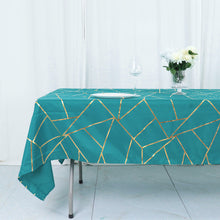 Polyester Rectangle Tablecloth in Peacock Teal with Gold Foil Geometric Design 60 Inch x 102 Inch