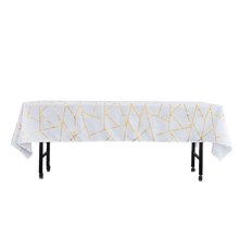 Polyester Tablecloth With Gold Geometric Pattern 60 Inch x 102 Inch White