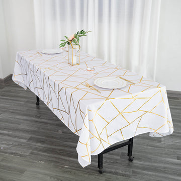 White Seamless Rectangle Polyester Tablecloth With Gold Foil Geometric Pattern 60"x102"
