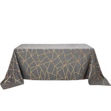 Charcoal Gray Polyester Rectangle Tablecloth With Gold Foil Design 90 Inch x 132 Inch