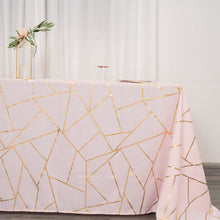 Blush Rose Gold Polyester Tablecloth 90 Inch x 132 Inch With Gold Foil Geometric Design