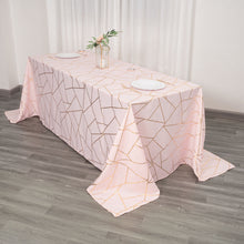 Blush Rose Gold 90 Inch x 132 Inch Rectangle Tablecloth With Polyester and Gold Foil Geometric Design