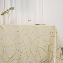 Rectangle Polyester Tablecloth In Beige With Gold Foil Geometric Pattern 90 Inch x 132 Inch