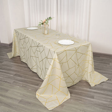 Beige Seamless Rectangle Polyester Tablecloth With Gold Foil Geometric Pattern 90"x132"