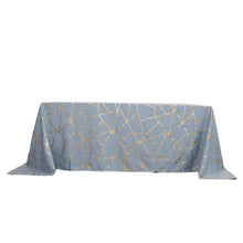 90 Inch x 132 Inch Dusty Blue Polyester Tablecloth With Gold Pattern