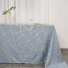 Rectangular Dusty Blue Tablecloth With Gold Geometric Design 90 Inch x 132 Inch