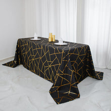90 Inch x 132 Inch Tablecloth In Black Polyester With Gold Geometric Print
