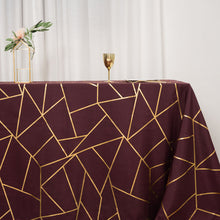 Rectangular Burgundy Tablecloth With Gold Geometric Pattern Polyester 90 Inch x 132 Inch