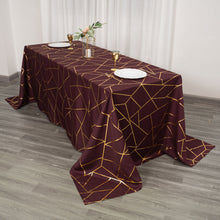 Gold Geometric Pattern On Burgundy Polyester 90 Inch x 132 Inch Rectangular Tablecloth