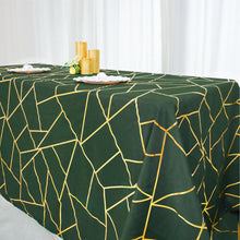 90 Inch x 132 Inch Hunter Emerald Green Polyester Tablecloth With Gold Geometric Design