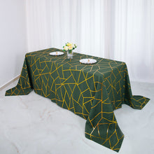 Hunter Emerald Green Polyester Tablecloth 90 Inch x 132 Inch With Gold Foil Geometric Pattern