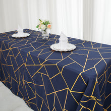 Polyester Tablecloth 90 Inch x 132 Inch Rectangle Navy Blue With Gold Foil Geometric Design