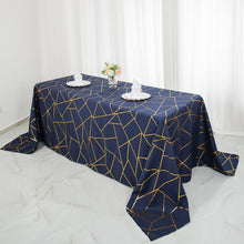 90 Inch x 132 Inch Rectangle Navy Blue Tablecloth Polyester With Gold Geometric Print