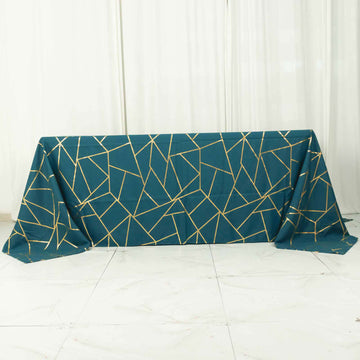 Peacock Teal Seamless Rectangle Polyester Tablecloth With Gold Foil Geometric Pattern 90"x132"