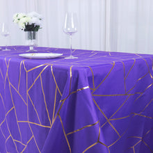 Polyester Rectangle Tablecloth in Purple with Gold Foil Geometric Design 90 Inch x 132 Inch
