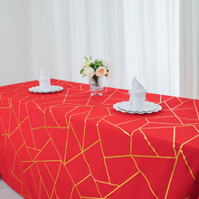 90 Inch x 132 Inch Rectangle Red Tablecloth With Gold Foil Geometric Design Polyester 