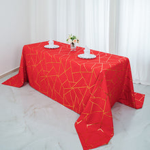 90 Inch x 132 Inch Rectangle Tablecloth Red Polyester With Gold Foil Geometric Design