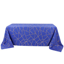 90 Inch x 132 Inch Gold Foil Geometric Pattern on Royal Blue Rectangle Polyester Tablecloth