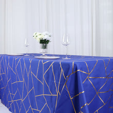 Polyester Rectangle Tablecloth in Royal Blue with Gold Foil Geometric Design 90 Inch x 132 Inch