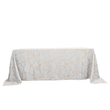 90 Inch x 132 Inch Silver Polyester Rectangular Tablecloth With Gold Foil Geometric Pattern