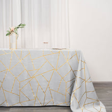 Rectangular Silver Tablecloth With Gold Foil Geometric Design 90 Inch x 132 Inch Polyester